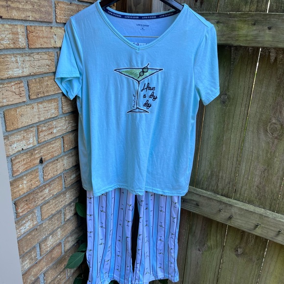 Life Is Good Blue Pajama Set with Martini Design - Picture 1 of 6
